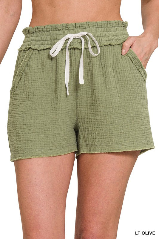 Zenana Double Elastic Drawstring Cotton Womens Shorts S-XL 5Colors