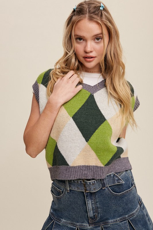 Listicle Argyle Cropped Sweater Vest 3 Colors S-L