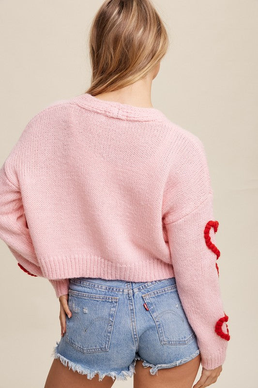 Listicle Lots of Love Knit Copped Heart Cardigan Grey or Pink