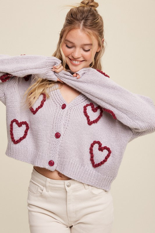 Listicle Lots of Love Knit Copped Heart Cardigan Grey or Pink