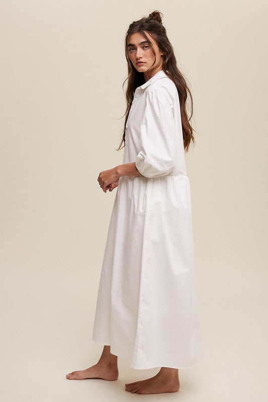 Listicle Cotton Puff Sleeve Babydoll Maxi Dress 3Colors S-L