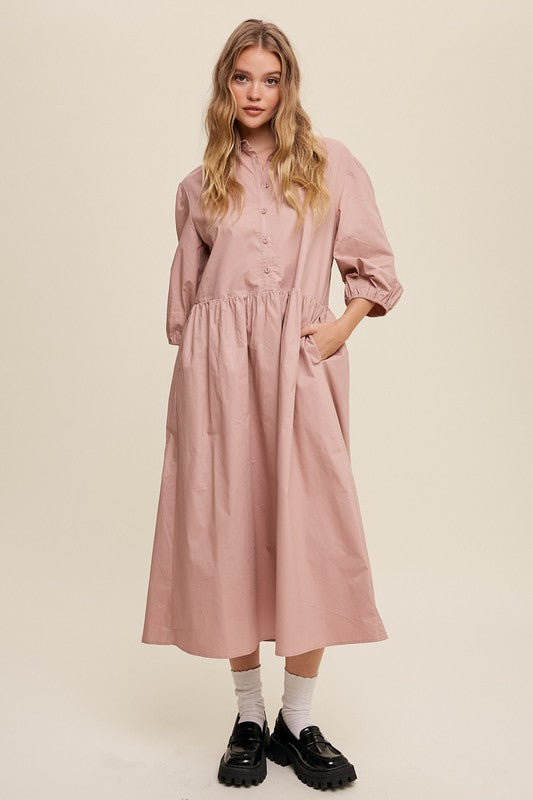 Listicle Cotton Puff Sleeve Babydoll Maxi Dress 3Colors S-L