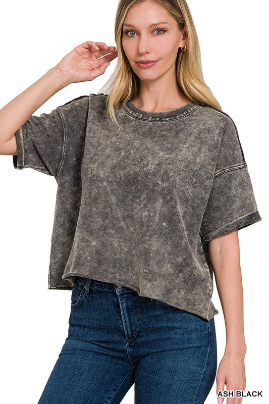 Zenana French Terry Cotton Acid Wash Raw Edge Top 7Colors S-XL