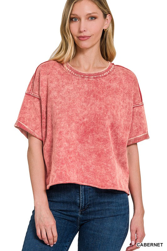 Zenana French Terry Cotton Acid Wash Raw Edge Top 7Colors S-XL