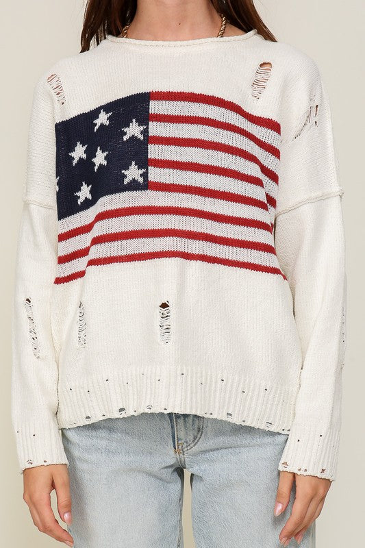 Distressed USA Flag Logo Sweater Charcoal or Cream S-L
