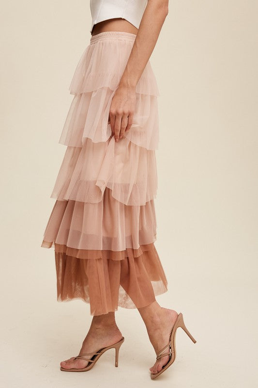 Listicle Gradient Style Tiered Mesh Tulle Maxi Skirt S-L