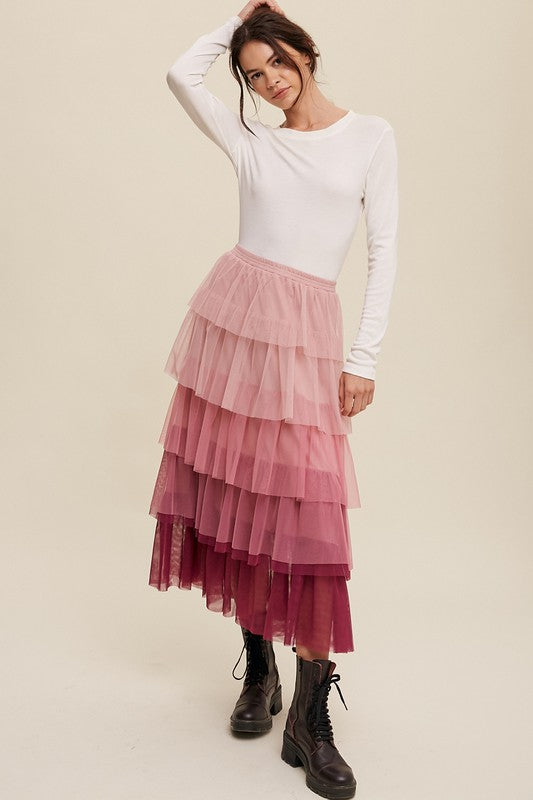 Listicle Gradient Style Tiered Mesh Tulle Maxi Skirt S-L