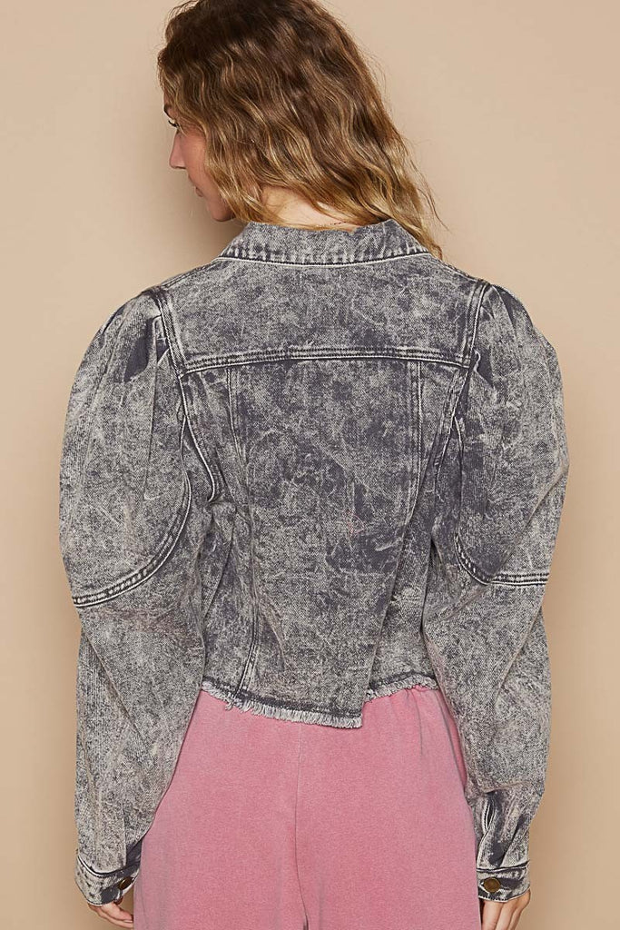 POL Clothing Raw Hem Button Up Cropped Denim Womens Jacket