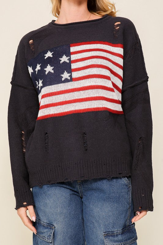 Distressed USA Flag Logo Sweater Charcoal or Cream S-L