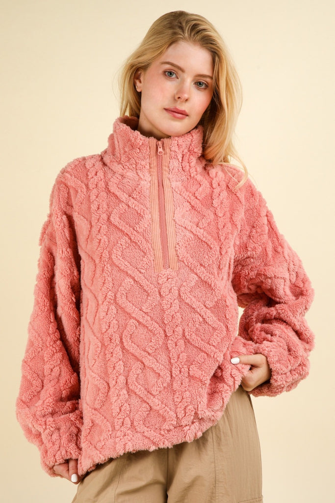 VERY J Fuzzy Fleece Half Zip Cable Pattern Womens Pullover in Blush