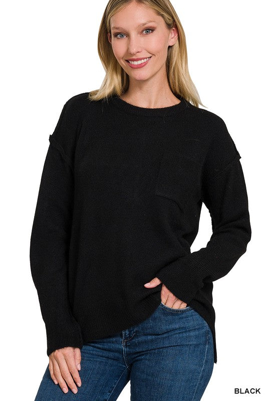 Zenana Melange Hi-Low Crew Neck Sweater 8Colors S-XL