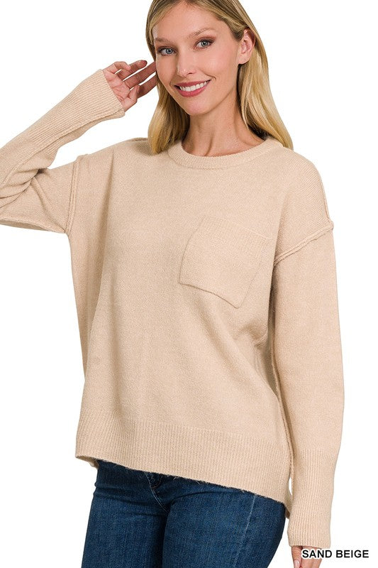 Zenana Melange Hi-Low Crew Neck Sweater 8Colors S-XL