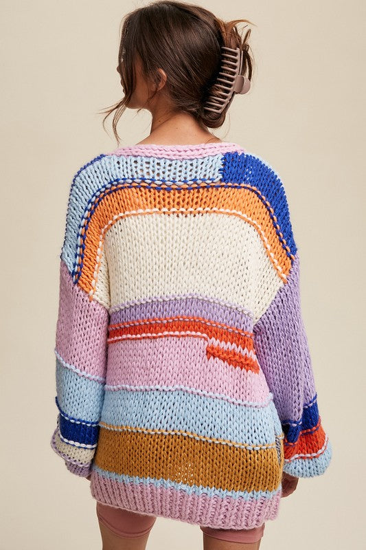 Listicle Hand Knit Multi Striped Cardigan Sweater S-L