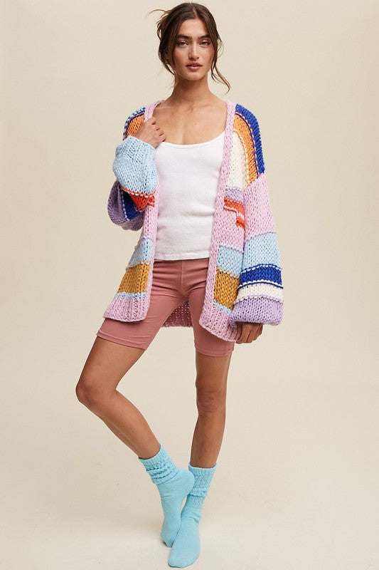 Listicle Hand Knit Multi Striped Cardigan Sweater S-L
