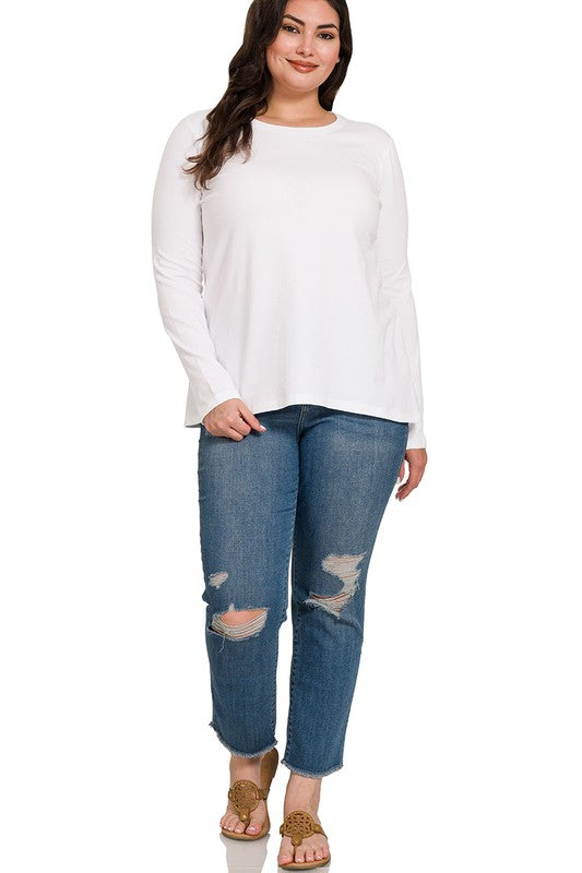 Zenana Plus Size Cotton Crew Neck Long Sleeve T-Shirt 3Colors