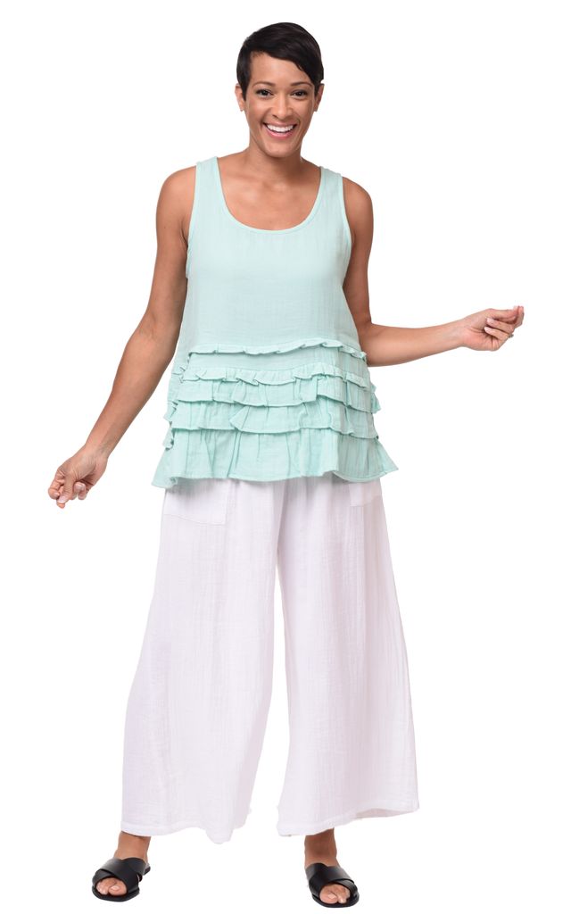 Cara Tank Womens Ruffle Cotton Gauze Tank Top in Aqua