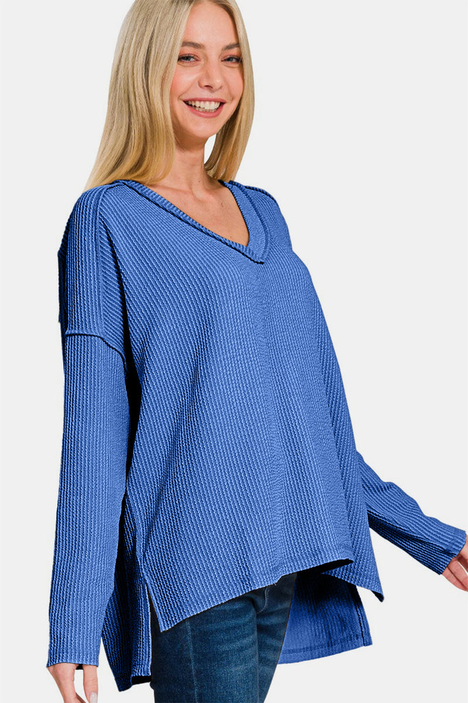 Zenana Waffle Exposed Seam V-Neck Long Sleeve Womens Pullover