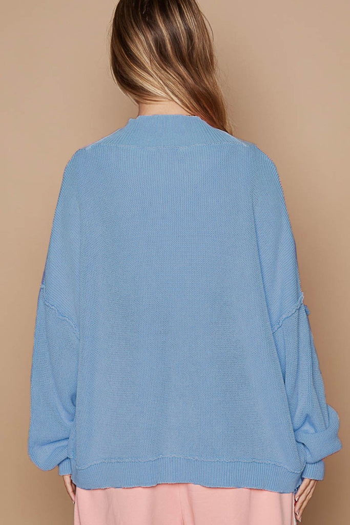 POL Clothing Open Front Washed Knit Womens Cardigan Pockets in Blue