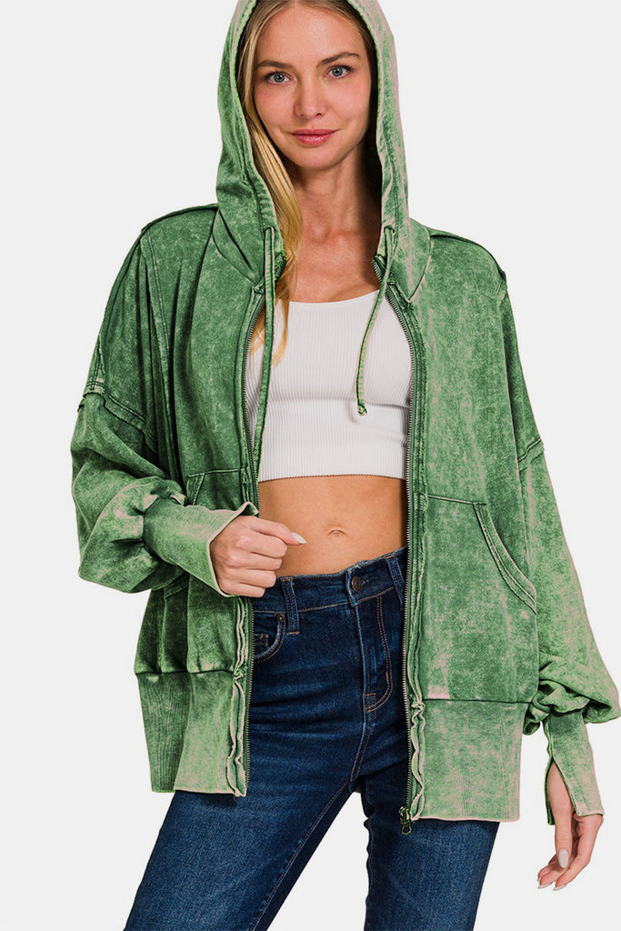 Zenana Acid Washed French Terry Zip-Up Womens Hoodie with Pockets in Green