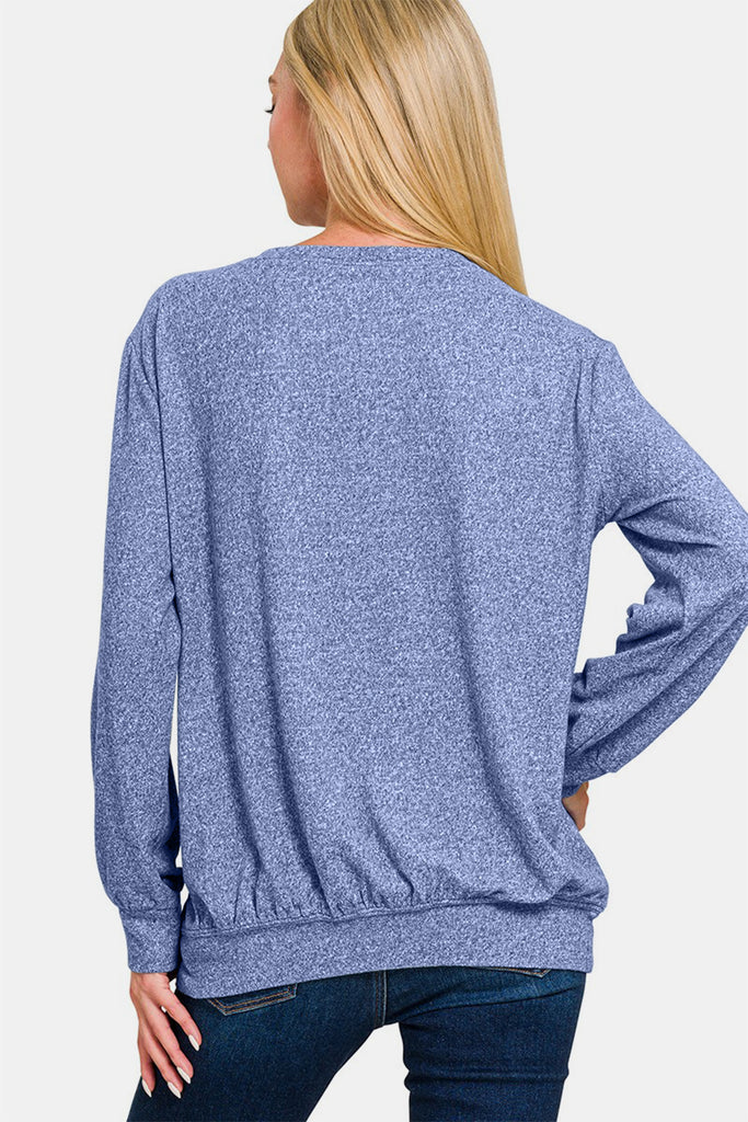 Zenana Pullover Melange Round Neck Womens Top S-3X