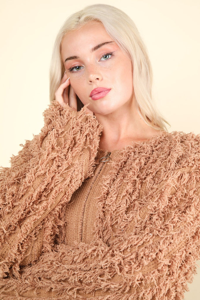 VERY J Shaggy Yarn Knit Zip Up Womens Jacket in Mocha