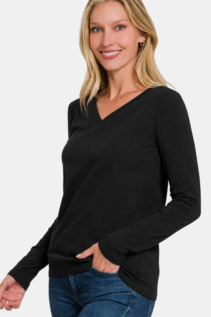 Zenana Pullover V-Neck Long Sleeve Womens T-Shirt S-3X