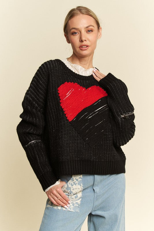 Davi & Dani Contrast Heart Dropped Shoulder Womens Sweater