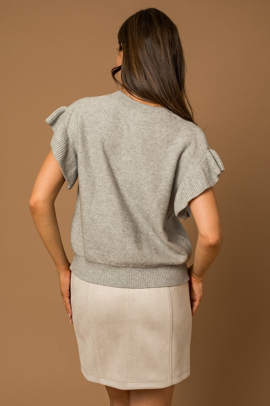 Gilli Ruffle Sleeve Knit Womens Sweater Grey or Beige S-L