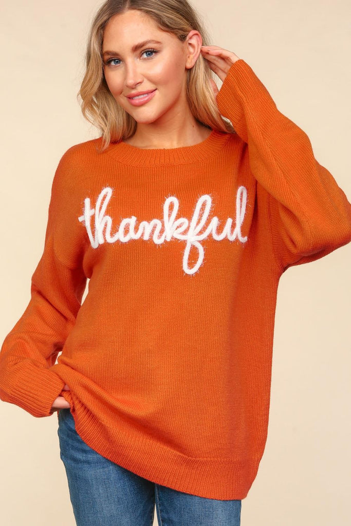 Haptics Full Size Metallic Thankful Embroidery Womens Sweater