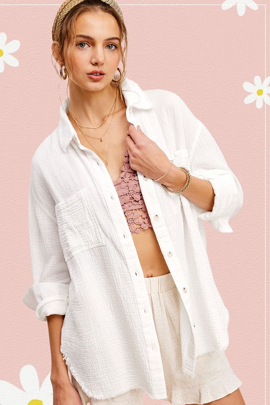 La Miel Soft Washed Crinkled Gauze Button Womens Shirt 3Colors S-L