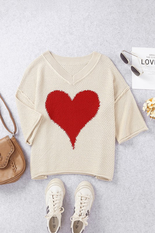 EG Fashion Cotton Khaki Beige cream Casual Heart Knit Sweater S-XL