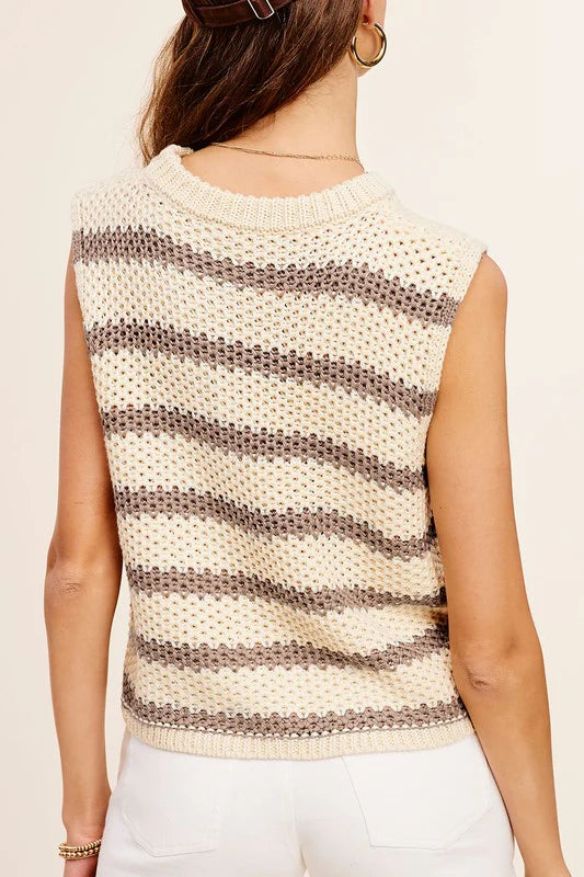 La Miel Chunky Stripe Sleeveless Womens Sweater Top Affogato Small