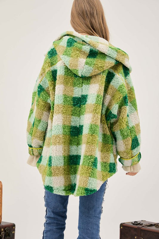 Davi & Dani Plus Size Plaid Hooded Fuzzy Jacket Green 1X-3X