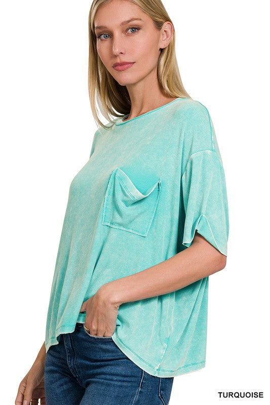 Zenana Washed Ribbed Cuffed Short Sleeve Top S-XL 4Colors