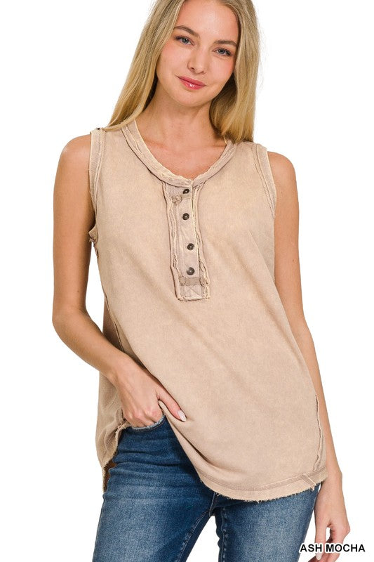 Zenana Washed Raw Edge Henley Tank S-L 3Colors