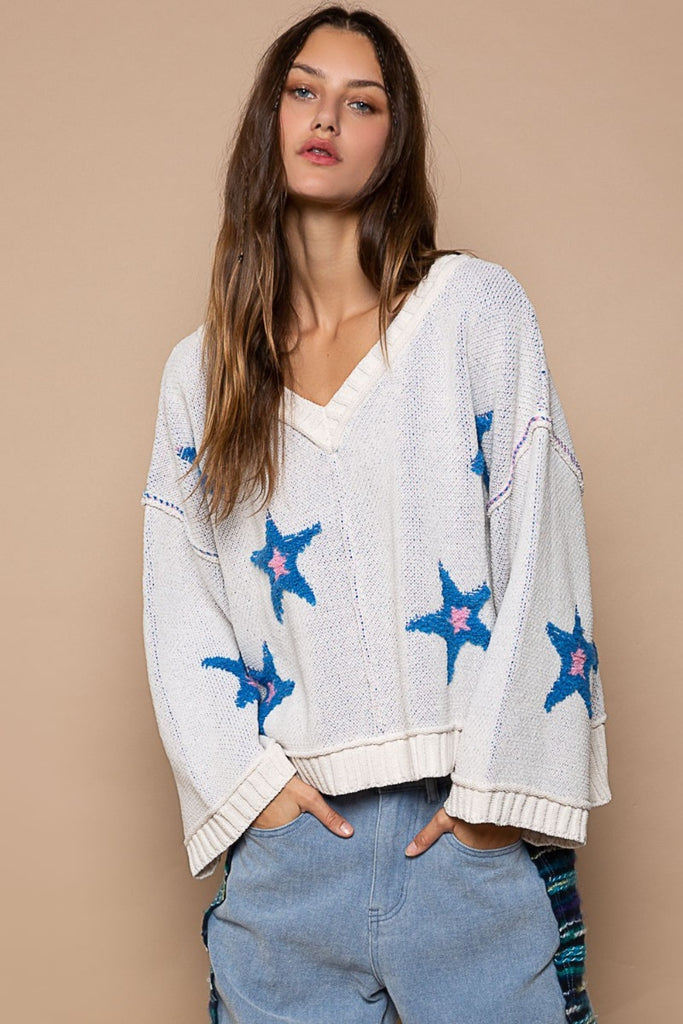 POL Long Sleeve Star Patch Womens Sweater in White S-L