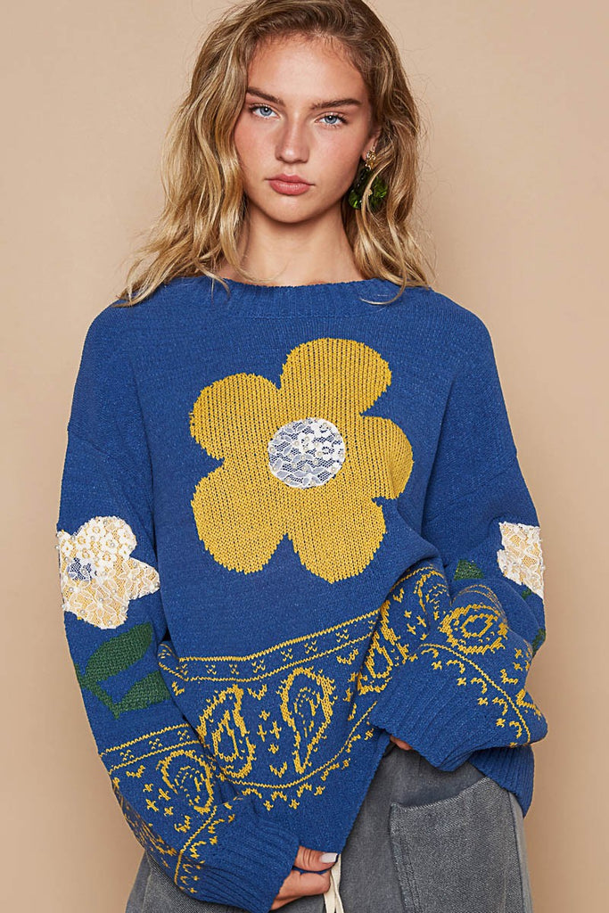 POL Clothing Flower Lace Patch Long Sleeve Womens Sweater