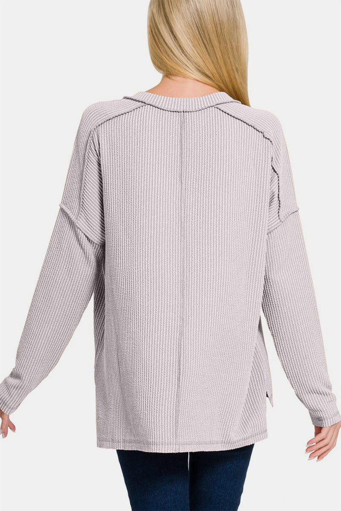 Zenana Waffle Exposed Seam V-Neck Long Sleeve Womens Pullover