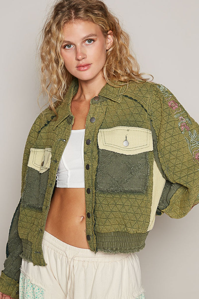 POL Clothing Embroidered Sleeve Raw Edge Quilted Womens Jacket