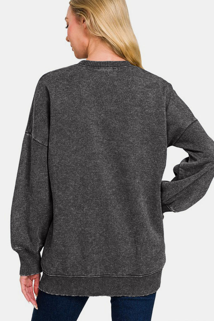 Zenana High-Low Acid Wash Fleece Womens Sweatshirt