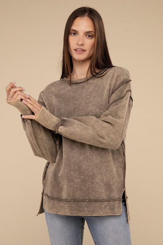 Zenana Acid Wash French Terry Womens Sweatshirt Black or Mocha S-XL