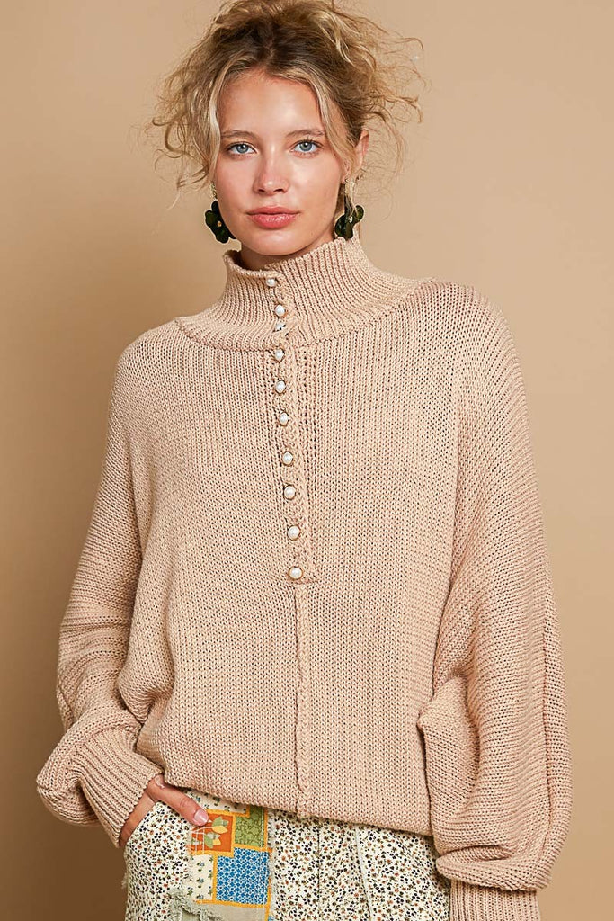 POL Clothing Pearl Detail Turtleneck Long Sleeve Womens Sweater