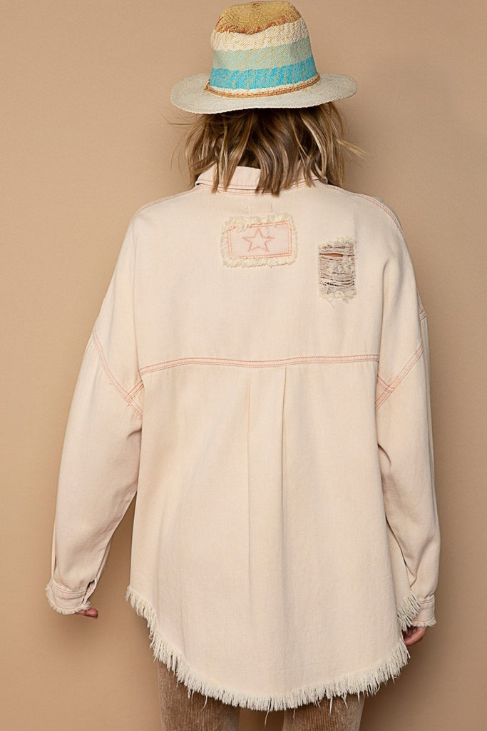 POL Button Down Raw Hem Distressed Womens Shacket