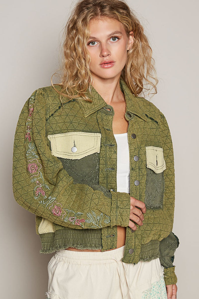 POL Clothing Embroidered Sleeve Raw Edge Quilted Womens Jacket