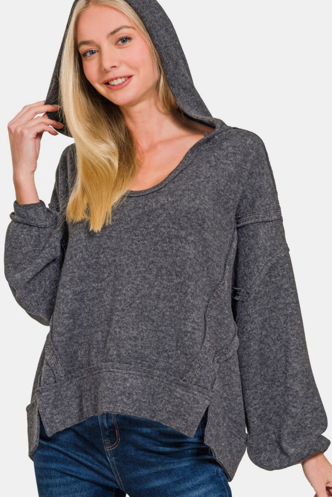 Zenana Brushed Hacci Exposed Seam Womens Hoodie