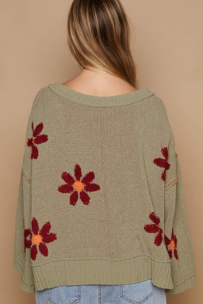 POL V-Neck Floral Pattern Chenille Womens Sweater S-L