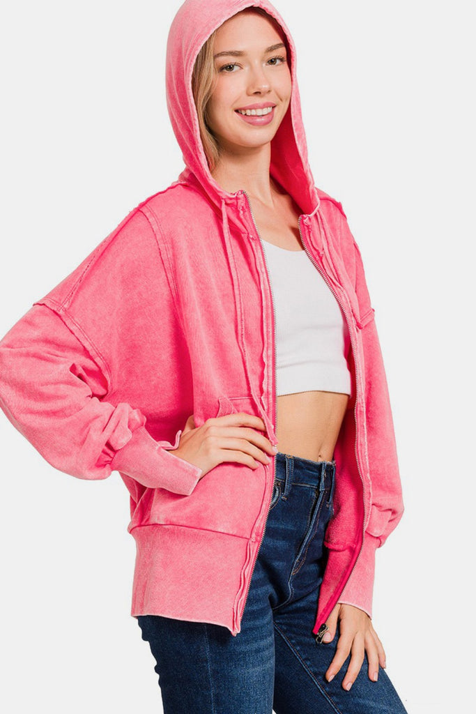 Zenana Acid Washed French Terry Zip-Up Womens Hoodie with Pockets in Fuchsia