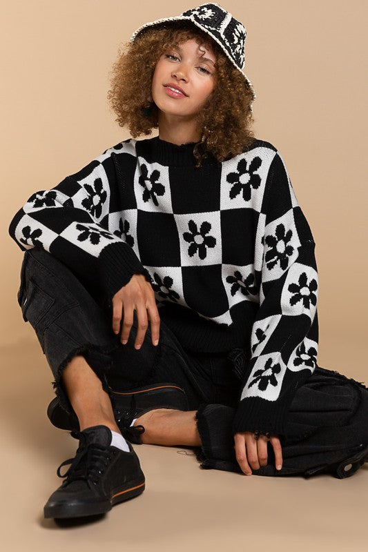 POL Clothing Flower Checkers Sweater Black or Orange S-L