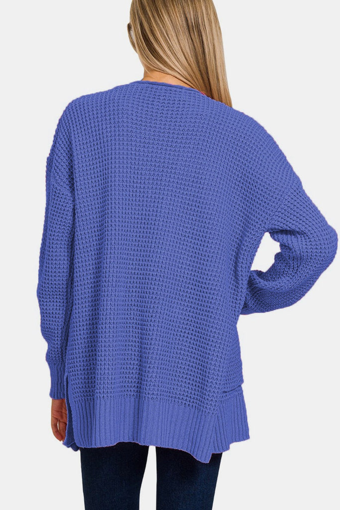 Zenana Waffle Open Front Womens Sweater Cardigan in Marlin Blue