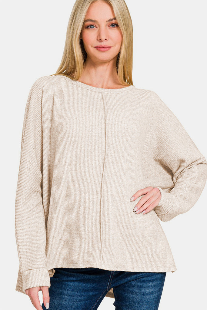 Zenana High-Low Side Slit Round Neck Pullover Womens Sweater